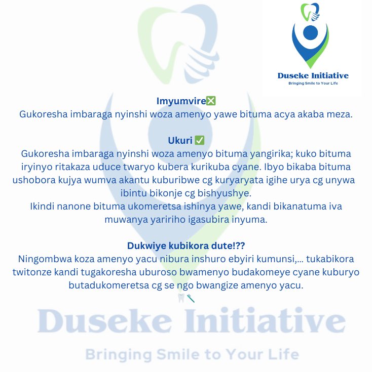 Dukore Isuku yamenyo yacu nibura inshuro ebyiri kumunsi.
Tubikore neza tutangiza amenyo yacu kandi nanone tutangiza ishinya yacu. 🦷🪥
<a href="/RwandaHealth/">Ministry of Health | Rwanda</a> 
<a href="/DentalRda/">RWANDA DENTAL ASSOCIATION (RDA)</a>
<a href="/OralRwanda/">ORAL HEALTH FOUNDATION RWANDA</a>
<a href="/MCornersRwanda/">Miracle Corners Rwanda</a>
