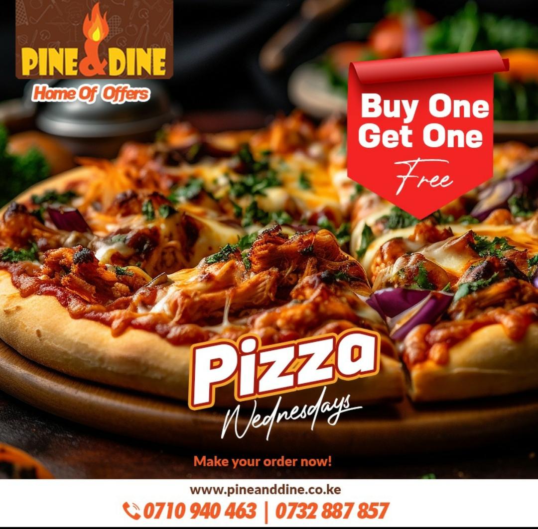 MuthoniMsafiri's tweet photo. It's BOGOF Pizzas today!
Whatever pizza you order, you get another one absolutely FREE!
Welcome to Pine&amp;Dine Nanyuki!!!
Location: Nanyuki cbd at Riversyde Villas!
Tag a friend! 
#BOGOFPizza https://t.co/9RmJu84xcE