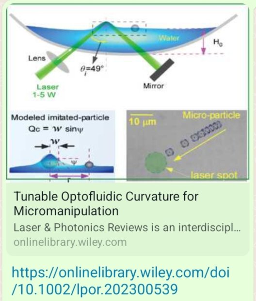 GopalVe11's tweet photo. We are delighted to share our recent publication in Laser Photonics and Reviews, highlighting the application of light radiation pressure: Tunable optofluidics curvature for manipulating micro-particles on liquids.
https://t.co/Tw3LZmG6Nq https://t.co/yWxacjiL3F