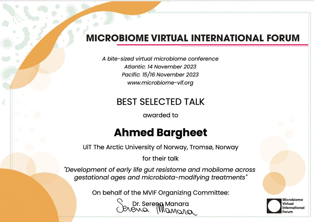 Ahmed Bargheet (@ahmedbargheet) on Twitter photo 🌟 Thrilled to announce that I've been awarded the Best Talk at MVIF.23! Honored by this recognition from <a href="/MicrobiomeVIF/">Microbiome Virtual International Forum</a>
🗓️ Join me on Dec 20th for the award announcement at MVIF.24
Thanks <a href="/microbioquester/">Veronika K Pettersen</a> for your support!
<a href="/cans_uit/">CANS - Centre for New Antibacterial Strategies</a>
DOI: doi.org/10.1016/j.ebio… 🌟 Thrilled to announce that I've been awarded the Best Talk at MVIF.23! Honored by this recognition from <a href="/MicrobiomeVIF/">Microbiome Virtual International Forum</a>
🗓️ Join me on Dec 20th for the award announcement at MVIF.24
Thanks <a href="/microbioquester/">Veronika K Pettersen</a> for your support!
<a href="/cans_uit/">CANS - Centre for New Antibacterial Strategies</a>
DOI: doi.org/10.1016/j.ebio…