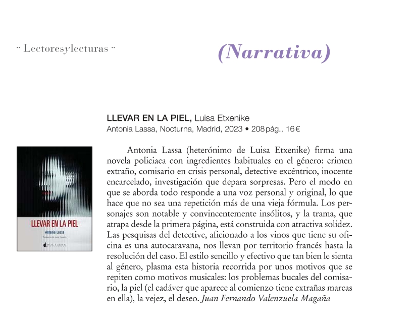 Mi reseña en El Ciervo de la novela de Antonia Lassa Llevar en la piel. #AntoniaLassa @El_Ciervo96 @NocturnaEd