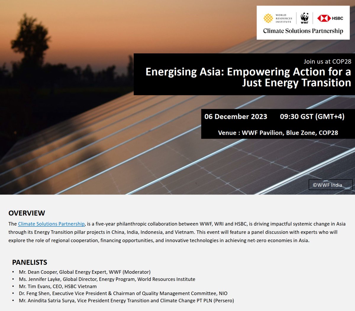 📢#COP28 Panel Discussion with experts from #WRI #NIO #HSBC #PTPLN to accelerate #EnergyTransition in #Asia on 6 Dec 09.30am GST at #WWF pavillion. Livestream YouTube/wwfclimate 
#CleanEnergyFuture #RenewableEnergy #EnergyEfficiency #Finance