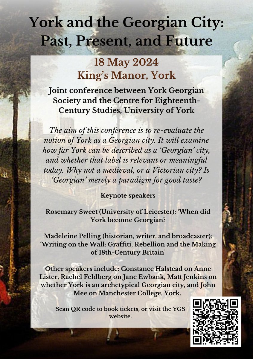 We're thrilled to announce our joint conference with @CECSYork on 18 May 2024, 'York and the Georgian City'. We have two great keynotes: @roey_sweet will discuss York's Georgian history, and @MaddyPelling will share her new research on historical graffiti. georgianyork.org.uk/events-1/york-…