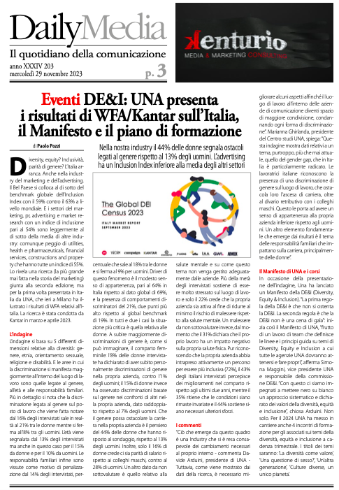 paopozzi's tweet photo. #Diversity e parità di #genere? L’Italia è poco inclusiva. Nel mondo dell’#advertising il 44% delle donne segnala ostacoli legati al genere rispetto al 13% degli uomini. Lo dice #UNA con una ricerca #Wfa/#Kantar. Ne parlo oggi su #DailyMedia. https://t.co/IrFJaGfLpR