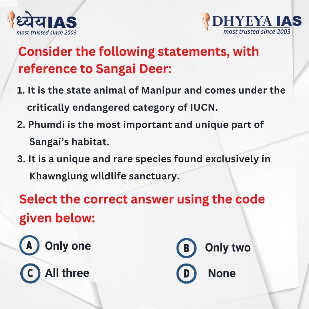 Dhyeya_IAS's tweet photo. Today's question
For more MCQ's Click on the Link given below.
https://t.co/X3jMIZuzfH
#dhyeyaias #dailyquizquestion #quiz #currentaffairs #currentaffairsquestions #sangai #code #IUCN #unique https://t.co/MdHfIoAWxm