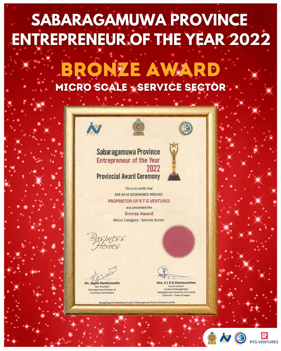 rtg_ventures's tweet photo. 🎉 Excited to announce our Bronze Award win at the Sabaragamuwa Province Entrepreneur of the Year Award Ceremony 2022 🏆, organized by the Sabaragamuwa Chamber of Commerce and Industry in collaboration with the National Enterprise Development Authority. https://t.co/EKe67EUlx5