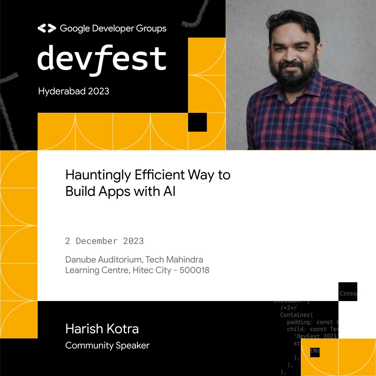 gdg_hyd's tweet photo. We're excited to have the amazing Harish Kotra speak about Hauntingly Efficient Ways to Build Apps with AI, at our Dev Fest in Hyderabad this Saturday!

📍Tech Mahindra, Hyderabad

More details in the 🔗 link in our bio! 

#devFest23 #gdgHYD #buildingapps #technology #DevFestHyd https://t.co/K9jAVp6eu4