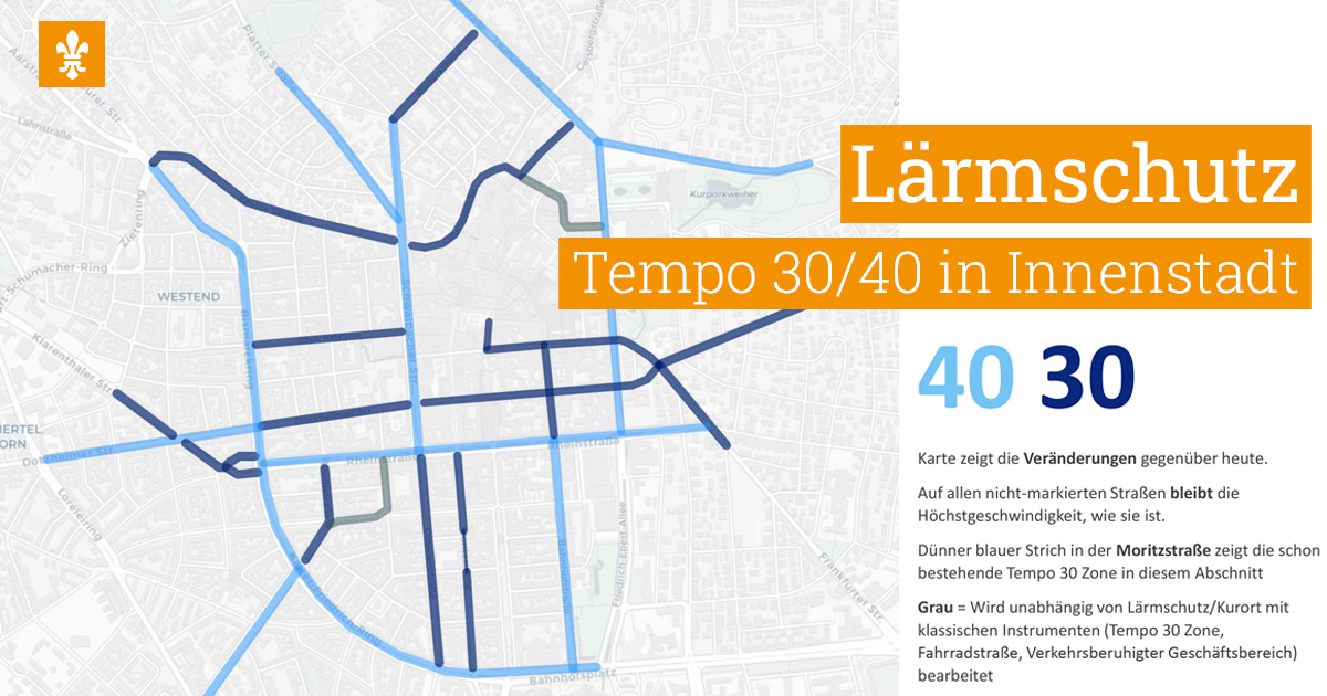 👂 Wir entlasten mit dem Konzept „Tempo 30/40“ mehr als 17.000 Menschen in der Innenstadt von Verkehrslärm. Das Konzept reduziert die Höchstgeschwindigkeit auf 30 beziehungsweise 40 Stundenkilometer im Bereich des Historischen Fünfecks und rund ums Kureck. wiesbaden.de/pm_2023_324