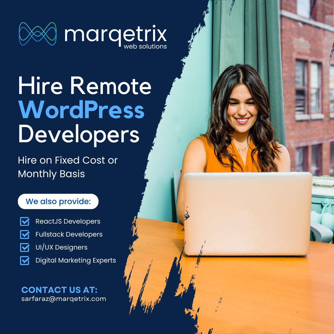 marqetrix's tweet photo. Looking for experienced WordPress Developers to enhance your team's capabilities?
Explore our expert staff augmentation services today!
#staffaugmentation #wordpress #wordpressdevelopers # ITExperts #developers #software #softwaredevelopers #marqetrix #marqetrixwebsolutions https://t.co/kXw0LdsJi3