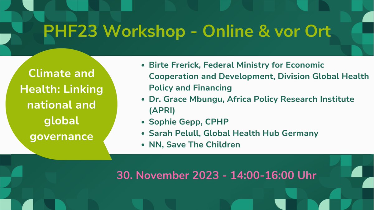 cphp_berlin's tweet photo. Tomorrow @ #PHF23 we explore the links betw (international) #climatepolicy and #health &amp; look at #COP28 from a health perspective in our hybrid workshop w/
🧩Sarah Pelull @GHHubGER
🧩Birte Frerick @BMZ_Bund
🧩Dr. Grace Mbungu @APRI_Africa
 + @save_children &amp; CPHP's @sophie_gepp https://t.co/IBbVcPW5wA