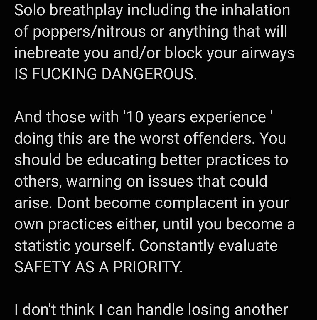 I could retweet stuff I've been posting over about breath control but it doesn't seem to work. VERY FEW ACCOUNTS WARN OF THESE DANGERS.

I am distraught to hear of another passing. It makes me incredibly sad and I hope those close to them are getting through this.