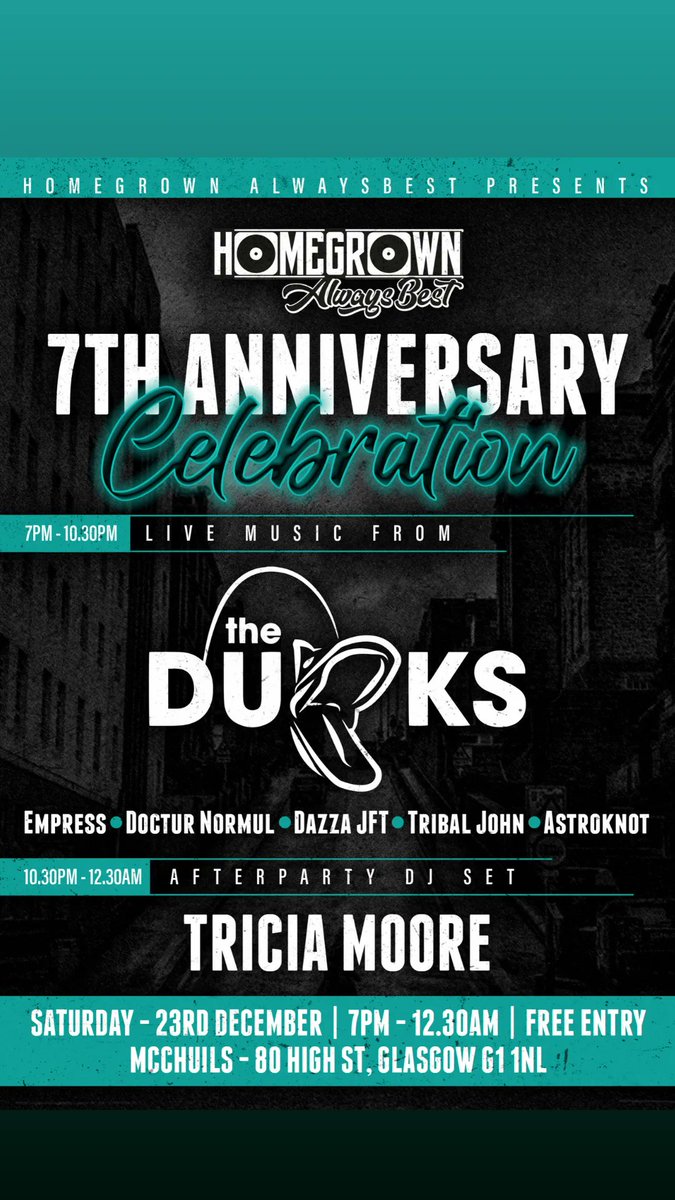 Celebrating 7 years the only way I ever want to, with good tunes🔥 Full set from The Ducks, alongside belturs @Empress_MC @Doctur_Normul @astroknot_rap new to the game bros Dazza JFT and Tribal John, DJ fter party with Trica Moore, FREE night 23rd December @McChuillsBar 🔥🎶🔥