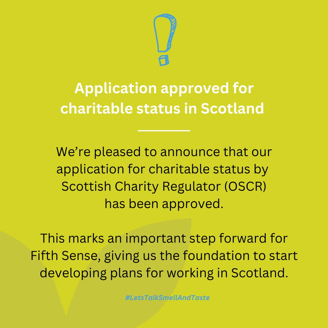 FifthSenseUK's tweet photo. We’re pleased to announce that our application for charitable status by Scottish Charity Regulator (OSCR) has been approved.
This marks an important step forward for Fifth Sense, giving us the foundation to start developing plans for working in Scotland.
#fifthsense #charity https://t.co/3oBWHRubXl
