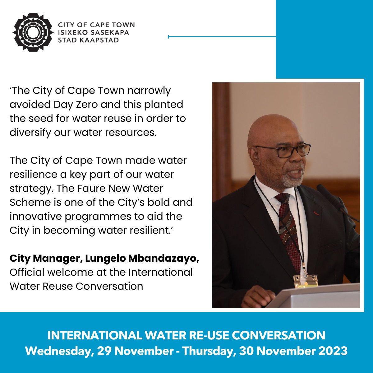CityofCT's tweet photo. 'The Faure New Water Scheme is one of the City’s bold and innovative programmes to aid the City in becoming water resilient.’
City Manager, Lungelo Mbandazayo, Official welcome at the International Water Reuse Conversation
#CTWater #WaterandSanitation https://t.co/rZi0IEHCyH