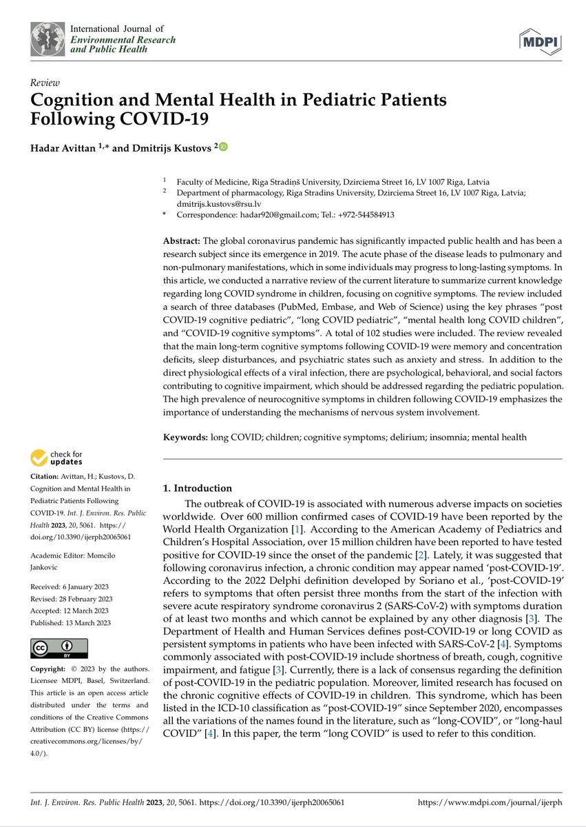 JOHNJOHNSTONED's tweet photo. “Children may experience difficulties with attention, concentration, memory, and problem-solving abilities after contracting COVID-19. These symptoms can impact academic performance and overall quality of life.”

Mounting evidence for multiple long term issues for kids - immune deficits, cognition….

Yet certain paediatric practitioners continue to double down with their entrenched pathological minimiser biases at the expense of the long term welfare of kids and the whole community…….🤷🏻‍♂️

@Fiona_M_Russell @apsmunro