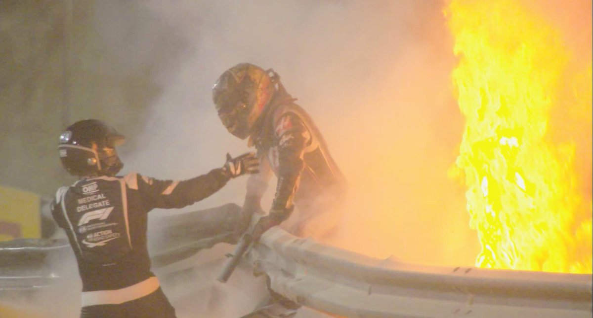 Anyone who saw live TV images of Romain Grosjean clambering out of his burning Haas in Bahrain will never forget it. Truly, it was a miracle escape. Thank god for the Halo, for the FIA medics, &amp; for Grosjean’s determination to self-preserve. It happened #OnThisDay 3 years ago.