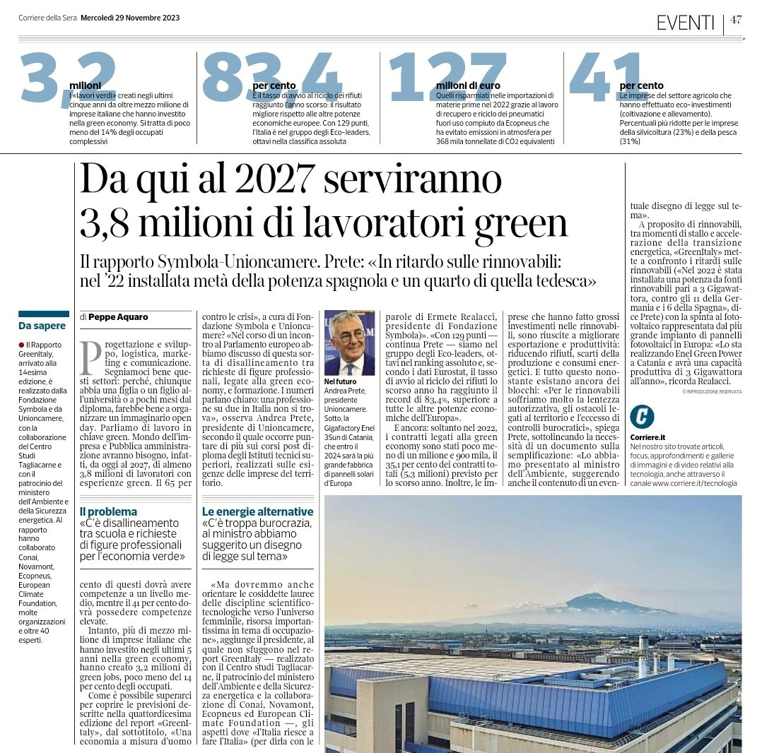 Un'economia a misura d'uomo per affrontare la #crisiclimatica. Insieme. Un'Italia che fa l'Italia alla #COP28 di Dubai. Oggi sul <a href="/Corriere/">Corriere della Sera</a>. 

Qui il rapporto #GreenItaly: symbola.net/ricerca/greeni…
<a href="/SymbolaFondazio/">Fondazione Symbola</a> <a href="/unioncamere/">Unioncamere</a>
