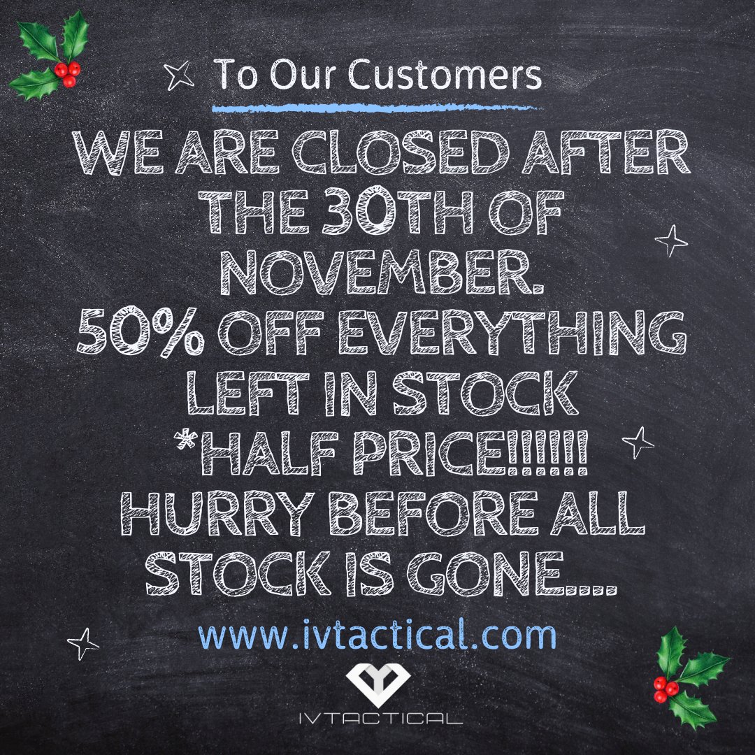 IVTactical's tweet photo. 50% OFF ALL PRODUCTS!!!!
We are closing on the 30th Nov 2023.
Hurry before all stock is gone, everything is half price!!!!
View everything available under all products- https://t.co/Vyw9EcOffa

#ivtactical #medicalkit #frec3 #frec4 #firstaidkit #firstaid #firstresponder #medic https://t.co/FIRMODrGuS