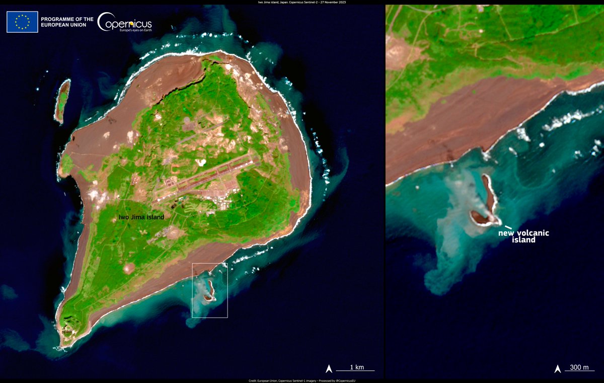 #ImageOfTheDay    

In early November, the eruption of the #IwoJima underwater volcano created a new island south of Iwoto, #Japan 🇯🇵

In less than a month, the newborn 🏝️ has grown to almost 500m in length as a result of continuing 🌋activity

⬇️#Sentinel2 image of 27 November