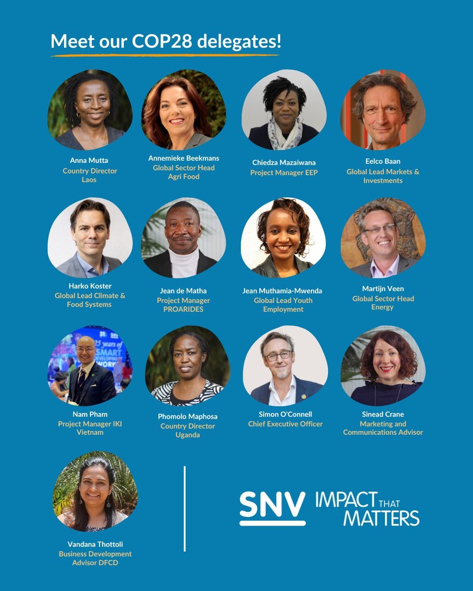 Introducing our delegation at #COP28. Join us as we drive change and make a substantial difference in the fight against the #ClimateCrisis. Our mission is clear: enabling sustainable, equitable lives for all. We hope to see you there!🌍🌿 

#ClimateJustice #SNVatCOP28