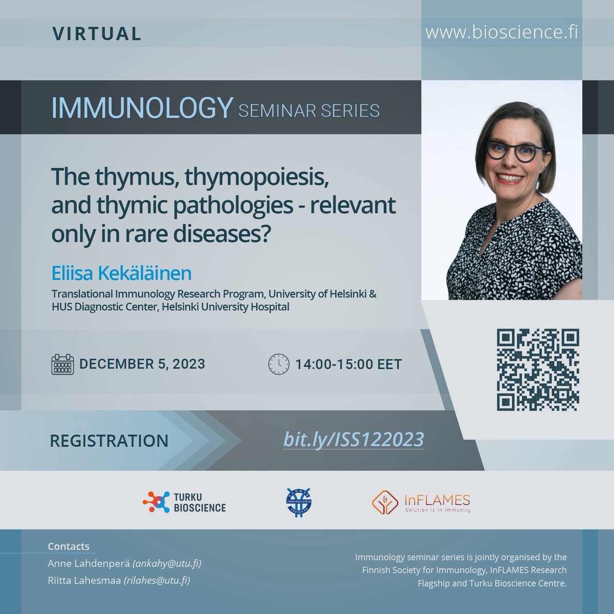 📣Online seminar by Eliisa Kekäläinen, Univ. of Helsinki: ”The thymus, thymopoiesis, and thymic pathologies - relevant only in rare diseases?” 5.12. at 2 pm (UTC+2) @SSI_immunology @InFLAMES_Health @BioscienceTurku @UniTurku Register latest Dec 4th at link.webropolsurveys.com/S/A9FF7AB612EC…