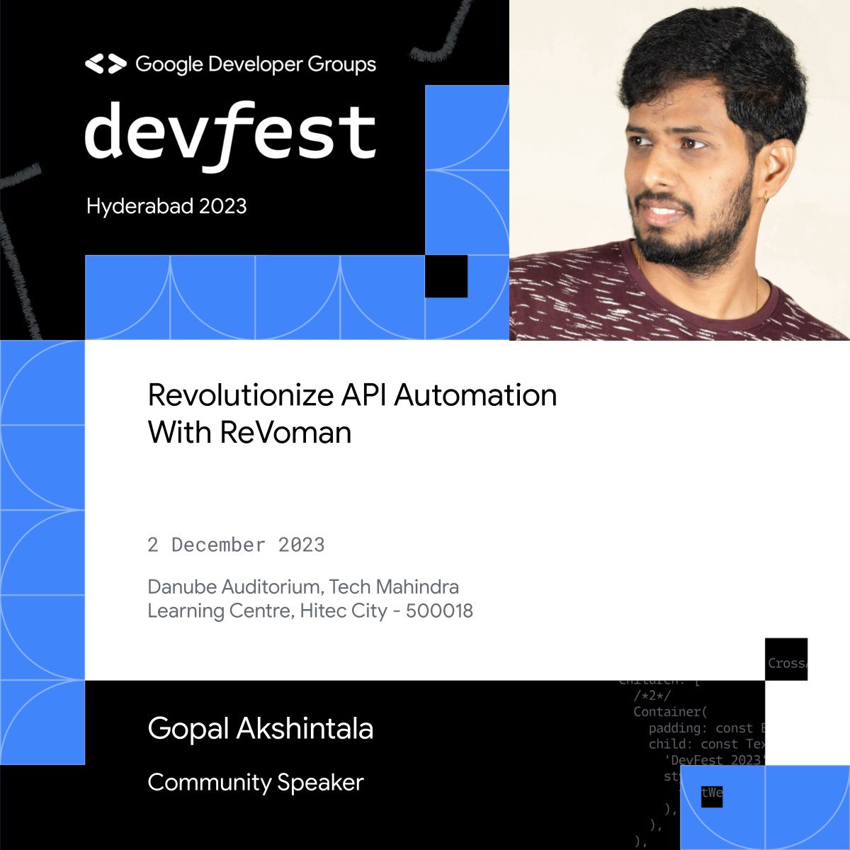 gdgc_hyd's tweet photo. So stoked to have Gopal Akshintala with us this Saturday at the #devfest to talk about Revolutionizing API Automation with ReVoman!
📍Tech Mahindra, Hyderabad
🗓️ 2 December, 2023
More details in the 🔗link in our bio!
#techhyderabad #revoman #devfest #technologies #DevFestHyd https://t.co/K6GLR3ytvO