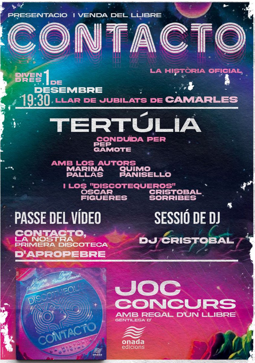 MarinaPallas's tweet photo. Segueix lo fenomen Contacto. Este divendres estarem a Camarles, amb el DJ original de la discoteca, vídeos… i un joc i concurs! Molt més que la presentació d’un llibre ⚡️ @OnadaEdicions https://t.co/7uoQXaeTod