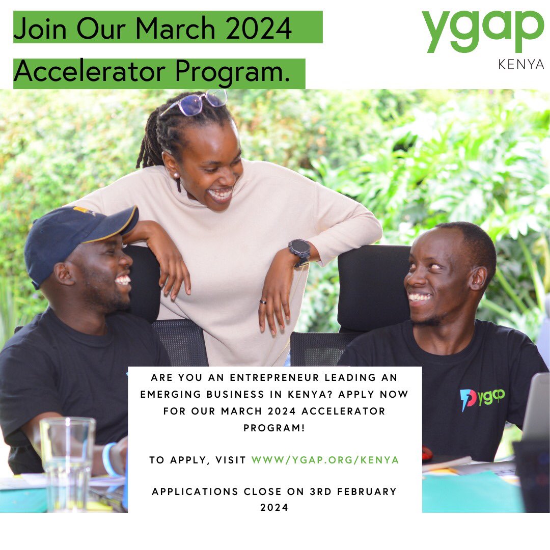 Have you applied to the ygap Kenya 2024 Accelerator Program?

This program helps founders validate their #business models, move towards #financialsustainability, and facilitate connections with industry experts.

Apply today: ygap.org/kenya/

#inclusiveentrepreneurship