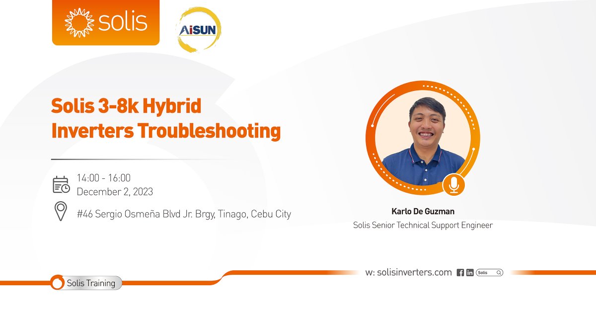 Solis_Inverters's tweet photo. #SolisTraining in #Philippines ๐ Join us for a #training session hosted by Aisun Solar Trading Inc. and Solis! Dive into the intricacies of #troubleshooting with our experts as we explore the dynamic realm of S6-EH1P(3-8)K-L-PRO inverters! From challenges to solutions, get ready to enhance your skills in this exclusive session.
๐๏ธ Date: December 2, 2023
๐ Location: #46 Sergio Osmeรฑa Blvd Jr. Brgy, Tinago, Cebu City
๐ค Speaker: Karlo De Guzman, Senior Technical Support Engineer
Solis: The World's 3rd Largest PV Inverter Manufacturer ๐
#Solisinverter #hybridinverter #energytransition #solarenergy