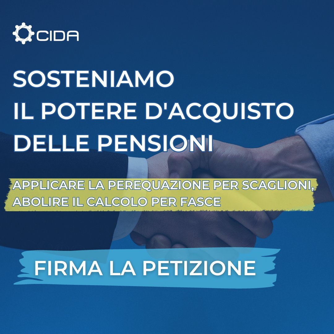CIDAManager's tweet photo. #PetizioneCIDA #SalviamoIlCetoMedio

📝Sosteniamo la necessità di applicare la perequazione per scaglioni. 

Chiediamo:

✅la rivalutazione delle pensioni in modo proporzionale
❌l'abolizione del calcolo per fasce, a favore di un approccio più equo

🖋️https://t.co/939Iz9T4te https://t.co/L8r1ETeV2w