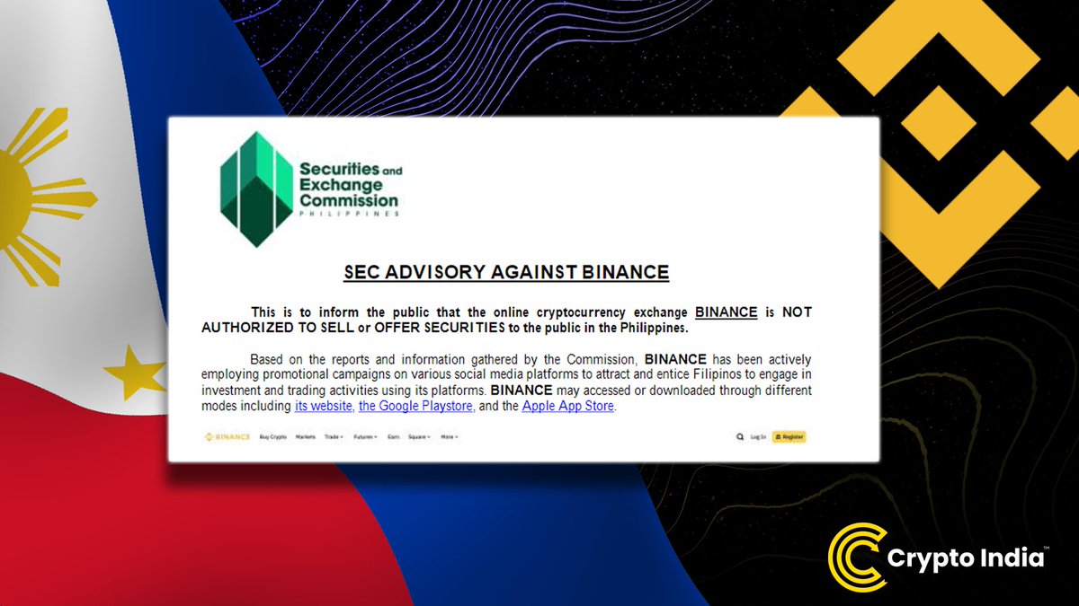 The Philippine SEC has issued an advisory: Binance, operating without authorization, has been promoting on social media in the Philippines. Those acting as brokers or promoters for such unregistered entities risk criminal charges, fines up to ₱5m, or jail time. 🇵🇭