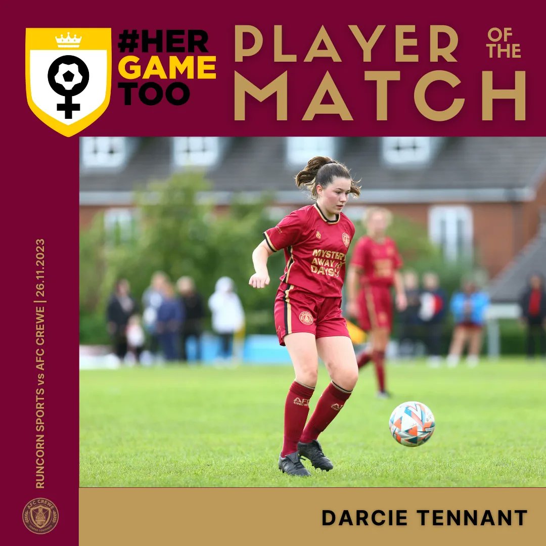 afc_crewe's tweet photo. And this week's @HerGameToo Player of the Match goes to Darcie Tennant following an all-action display in the middle of the park helping lead the girls to a 1-0 victory.

She was absolutely fantastic yet again for us and the entire board wants to give you a massive congrats 👏

#ONEAFCCrewe 💛🚂🖤