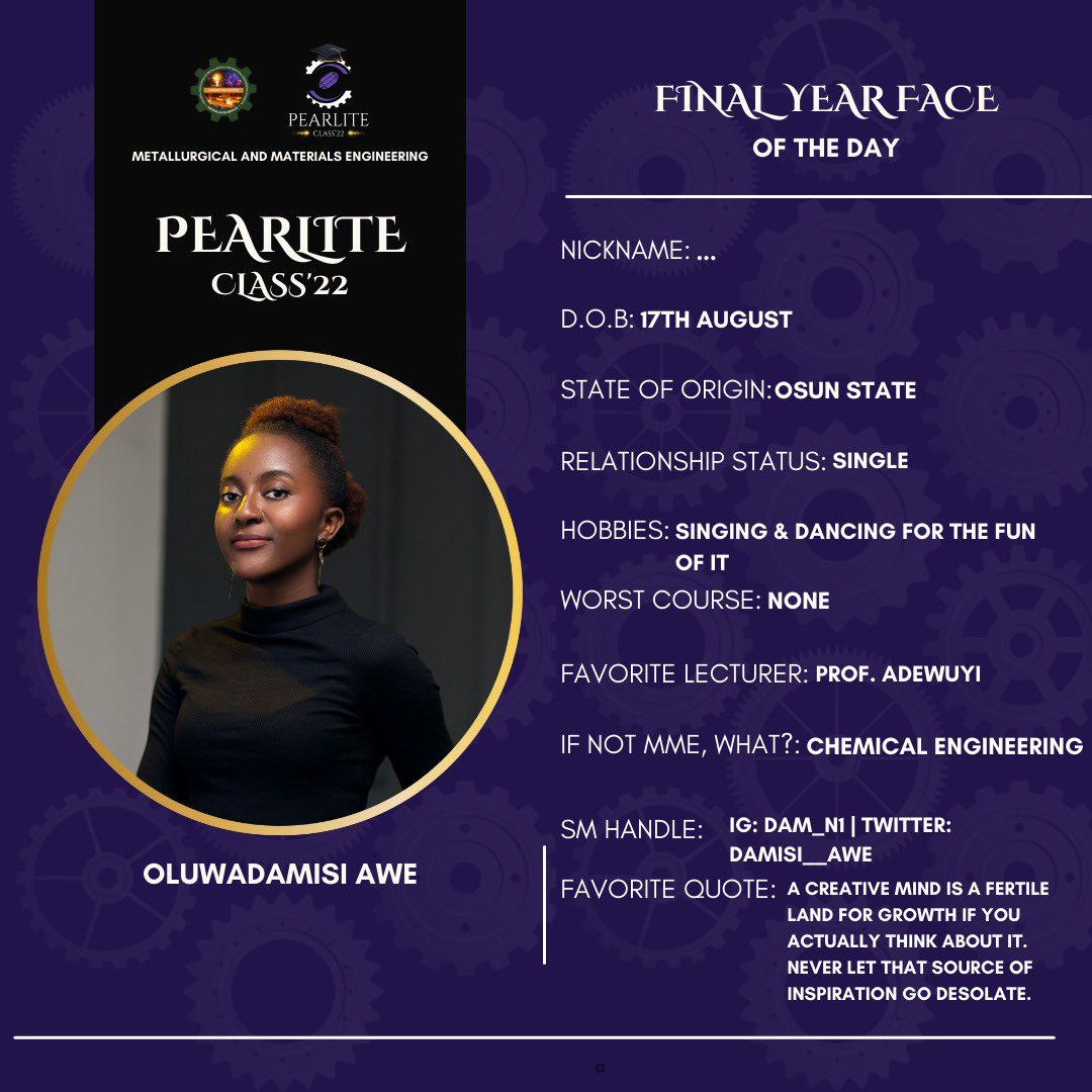 mmeclass_22's tweet photo. AWE OLUWADAMISI ๐
A fun and easy going person. You can think of her as an ambivert who just loves to stay chill.
She's witty, smart, and also a skincare and media enthusiast.
#ThePearliteoftheday #ClassOf2022 #GraduationPride" #MME22 https://t.co/waZsLNM7a1