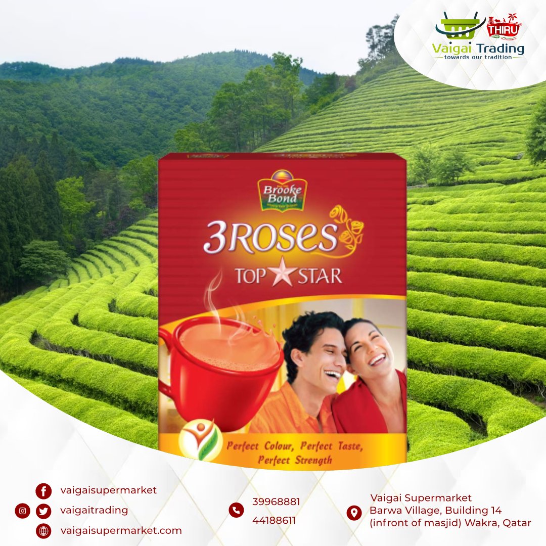 Start your day on a refreshing note with the rich and aromatic 3 Roses now available at Vaigai Supermarket.  #VaigaiSupermarket #3Roses #TeaLoversChoice #MorningRitual #AromaticTea #TeaTimeDelight #QualityTea #SupermarketFinds #TeaTimeMagic #ElevateYourTea #FineTeaExperience