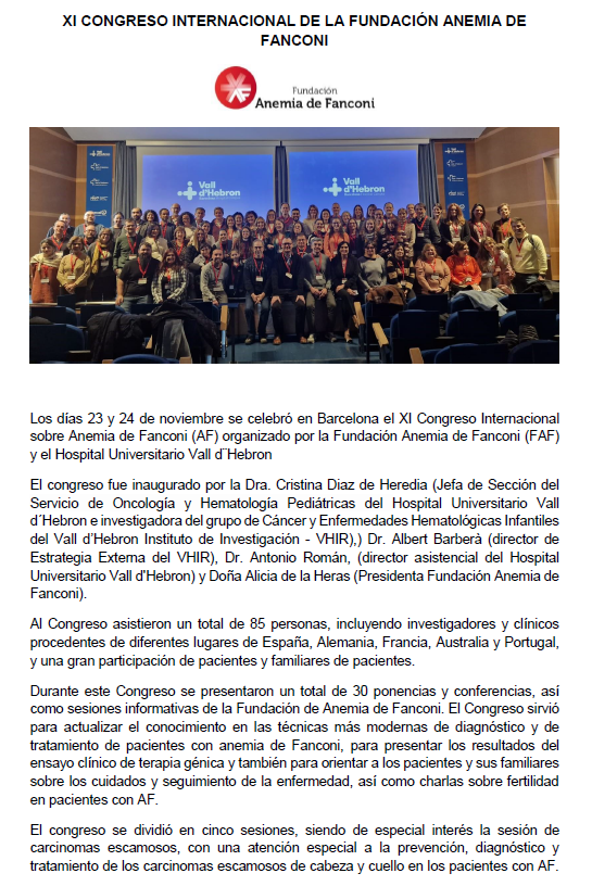 BioInn_CIEMAT's tweet photo. Los días 23 y 24 de noviembre se celebró en Barcelona el XI Congreso Internacional sobre Anemia de Fanconi (AF) organizado por la Fundación @TodosconFanconi (FAF) y el Hospital Universitario @Hemato_Vhebron @CIEMAT_OPI https://t.co/972fCmaDOG