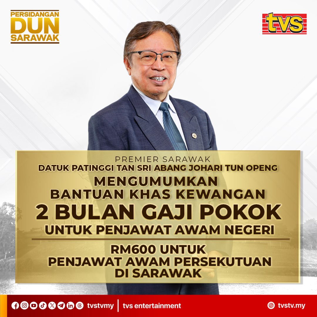 tvsarawak's tweet photo. Premier Sarawak Datuk Patinggi Tan Sri Abang Johari Tun Openg mengumumkan bantuan khas kewangan dua bulan gaji pokok kepada penjawat awam Sarawak dan RM600 untuk penjawat awam Persekutuan di Sarawak.

📱 Strim live di https://t.co/1dO3KR6ws2 atau di aplikasi MYTV Mana-Mana, Unifi TV dan Astro GO sekarang!

#TVS122 #TVSNews #DUNSarawak