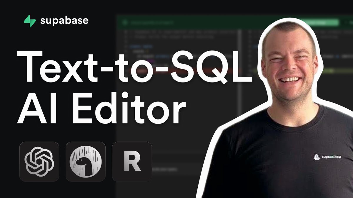 supabase's tweet image. You can generate SQL from natural language right within the dashboard using Supabase AI! 

Watch @thorwebdev put it to the test by building a little swag redemption site with @Deno fresh and @resendlabs 👕

youtu.be/8t1-Bgb4WJs