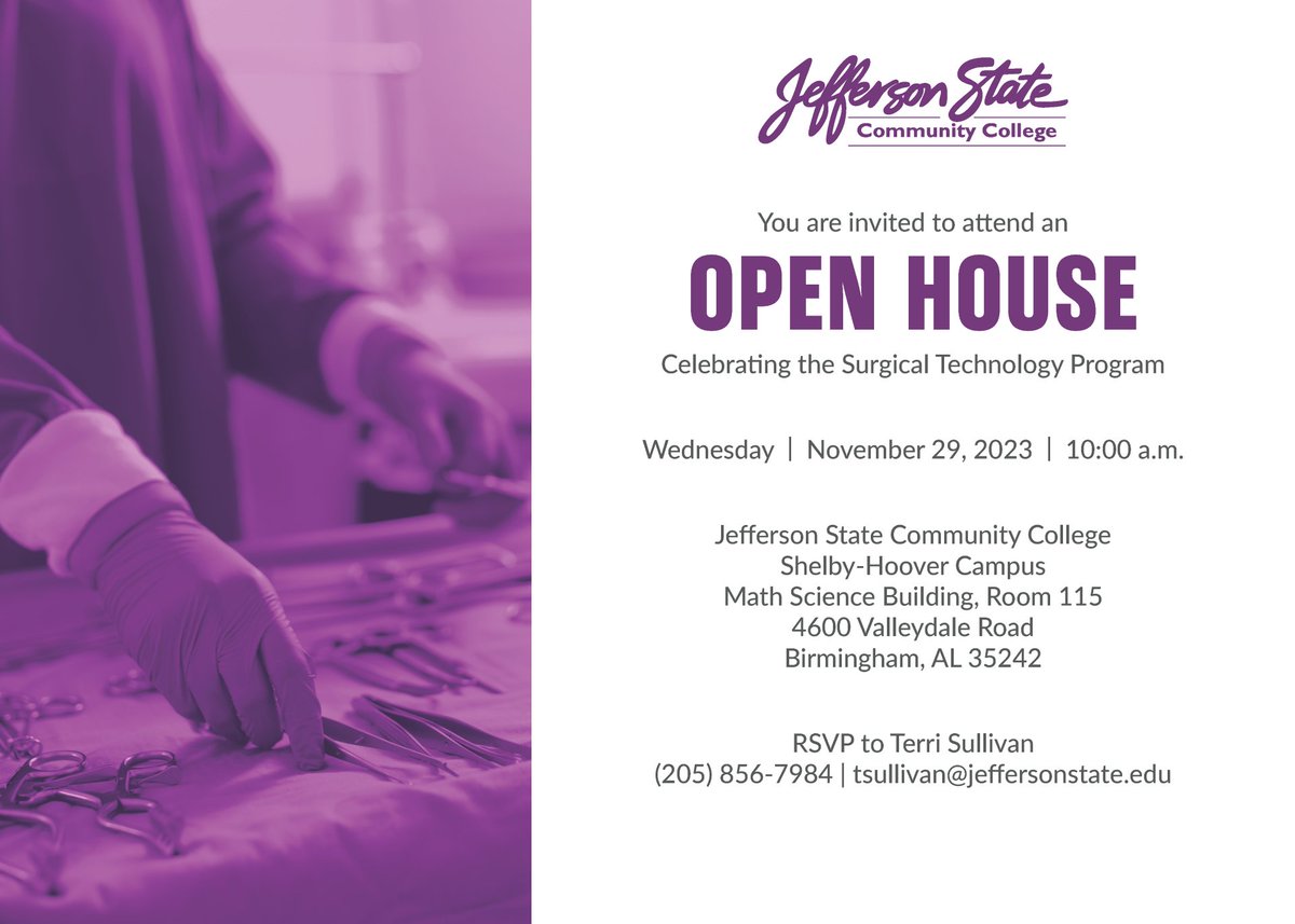 jeffstate's tweet image. New Surgical Technology Program Open House is Today at 10:00 a.m.!  You&apos;re invited to attend an open house celebrating the new #SurgicalTechnology Program and our state-of-the-art laboratory space in the Math Science Building, Room 115 on the Shelby-Hoover Campus.
#FindYourPlace