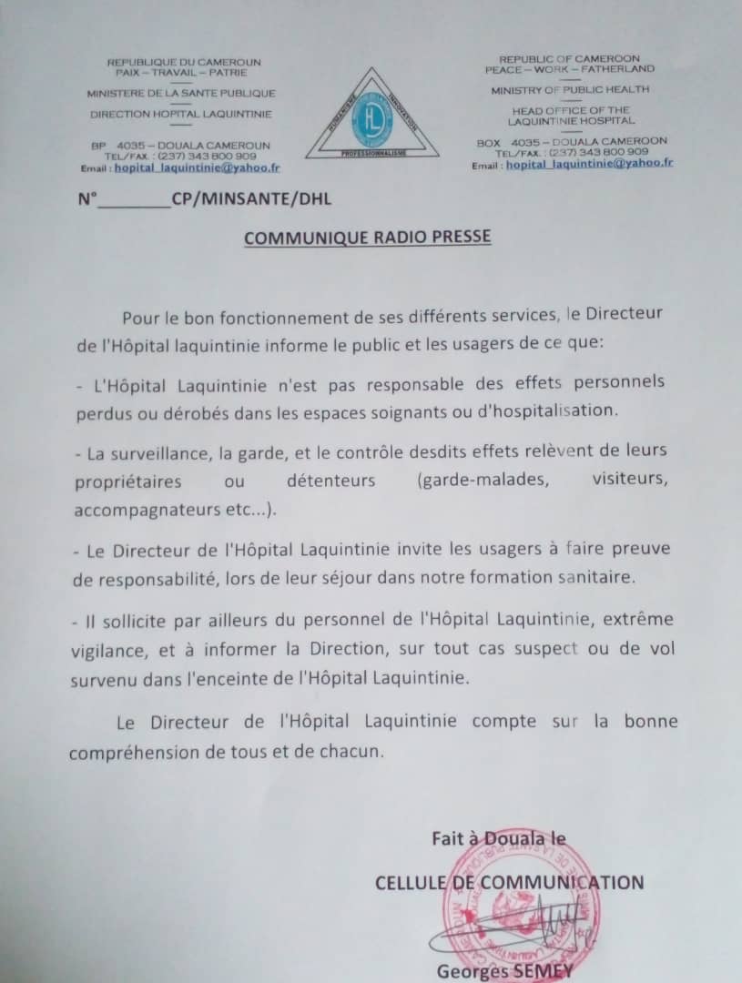 🔵COMMUNIQUÉ RADIO-PRESSE🔵 Objets dérobés

Pour le bon fonctionnement de ses différents services, le Directeur de l'Hôpital #Laquintinie informe le public et les usagers de ce que ⤵️

hopital-laquintinie.cm