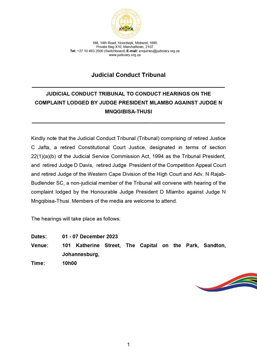 OCJ_RSA's tweet photo. Media Advisory: Judicial Conduct Tribunal to Conduct Hearings on the complaint lodged by Judge President Mlambo against Judge N Mnqgibisa-Thusi, taking place 1-7 December 2023 in Sandton. https://t.co/a76fHm0xZN