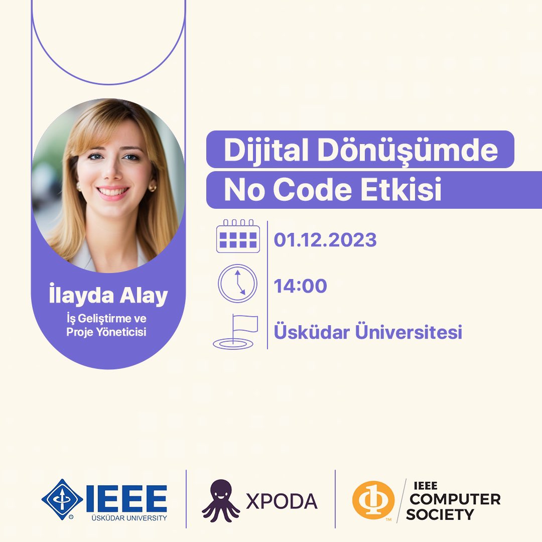 İş geliştirme ve proje yöneticimiz İlayda Alay, Üsküdar Üniversitesi öğrencilerine "Dijital Dönüşümde No Code Etkisi" başlığı altında Xpoda ve No Code konularında bir eğitim sunacak. 
#xpoda #nocode #dijitaldönüşüm #yazılım #erp #lowcode #xpodatr #üsküdarüniversitesi