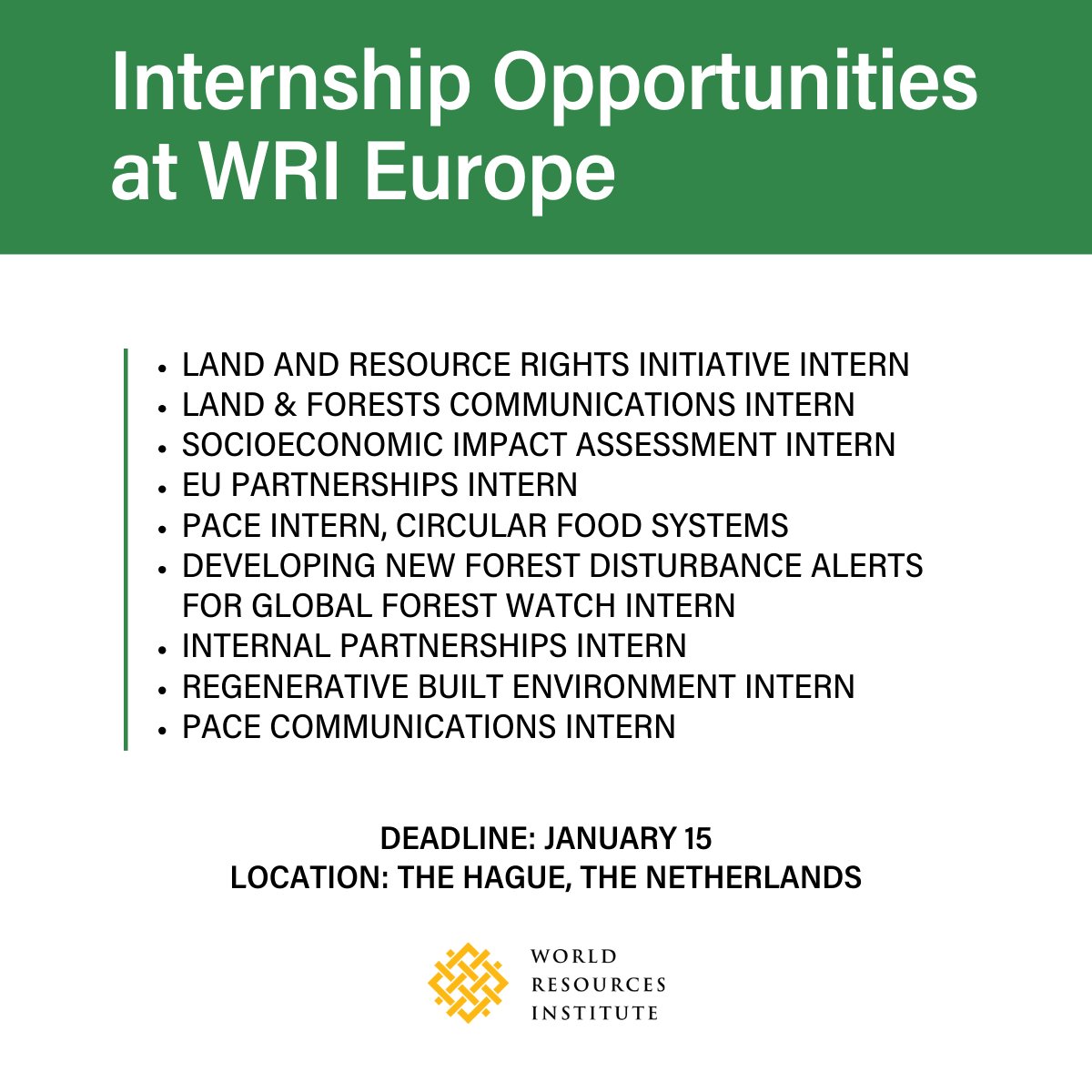 🌍 Explore our internship opportunities to contribute to @WorldResources in Europe! 🌿 Apply now to be part of the solution & grow professionally 👉 bit.ly/3uIuC0U Deadline: January 15, 2024 Location: The Hague, The Netherlands