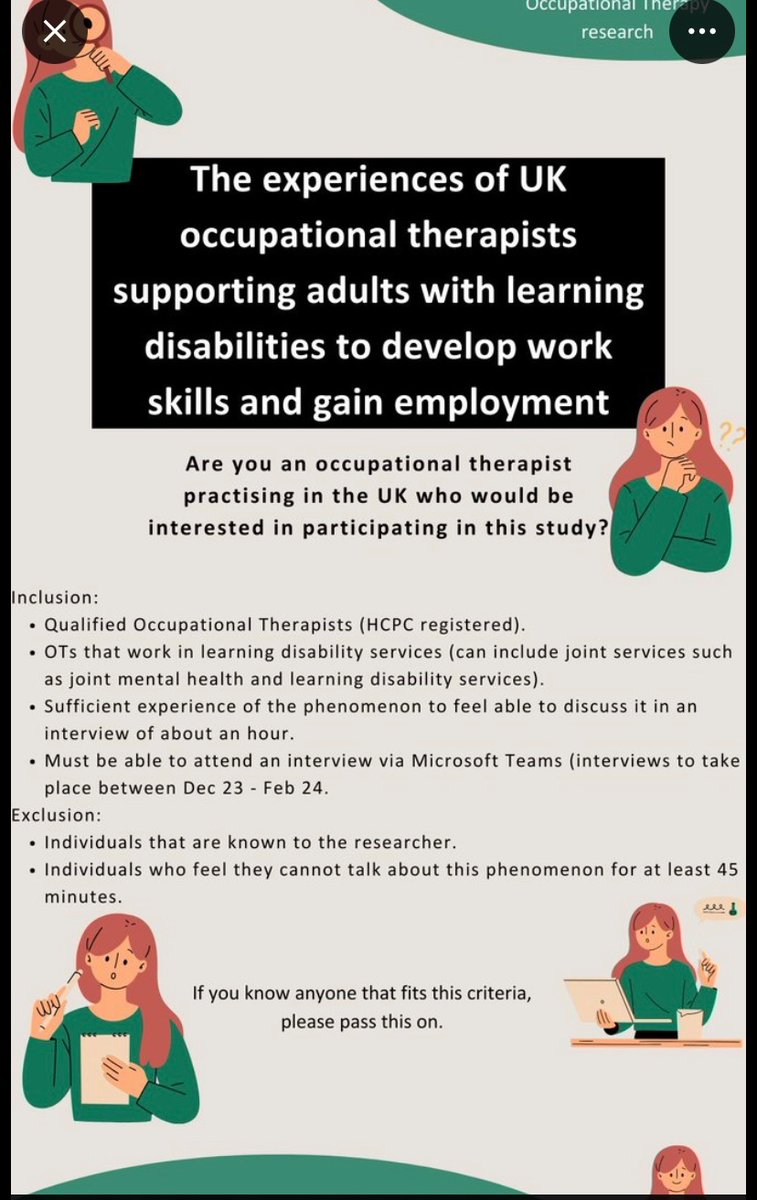 Calling all occupational therapists who support people with learning disabilities to develop work skills, pls contact <a href="/GibsonClara6/">Clara Gibson</a> to take part in this research <a href="/RCOT_PLD/">RCOT_PLD</a>