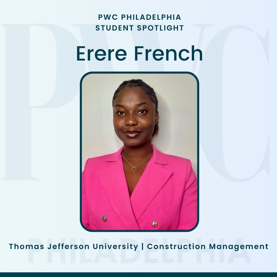 This week's student spotlight is Erere French. Erere is currently pursuing her Master’s Degree in Construction Management at Thomas Jefferson University and has an internship with DALE Corporation as a Project Manager Assistant. We wish you all the best, congrats!