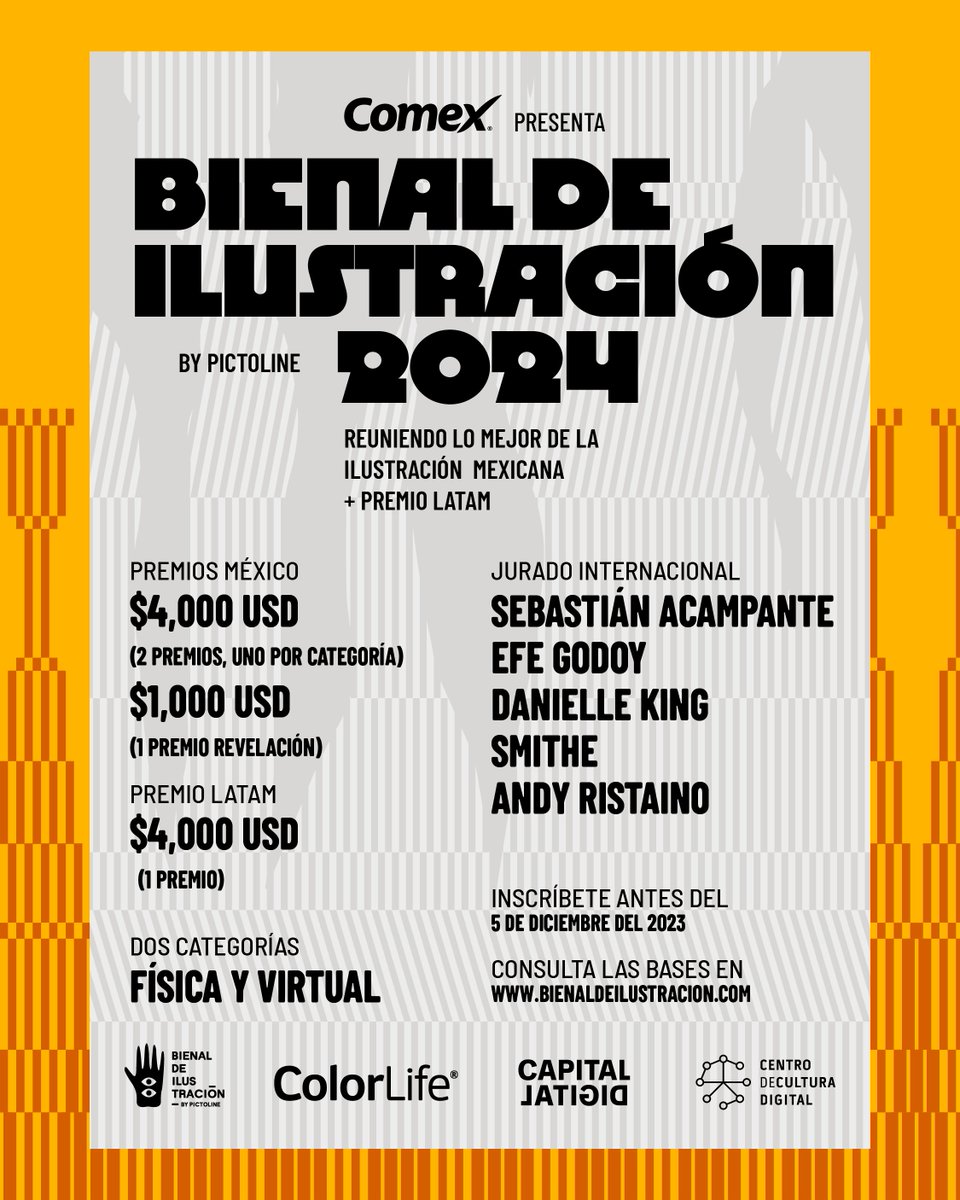bluevertigo's tweet photo. BIENAL DE ILUSTRACION 2024
Quedan pocos días para cierre! Hay 4.000 USD como premio. Pueden participar de todo Latinoamérica. 
Los trabajos no tienen que ser inéditos, simplemente realizados entre el 1 de mayo de 2022 al 5 de diciembre de 2023.

+ info: https://t.co/VlwJjjJcZ9 https://t.co/1sswVwtrhd