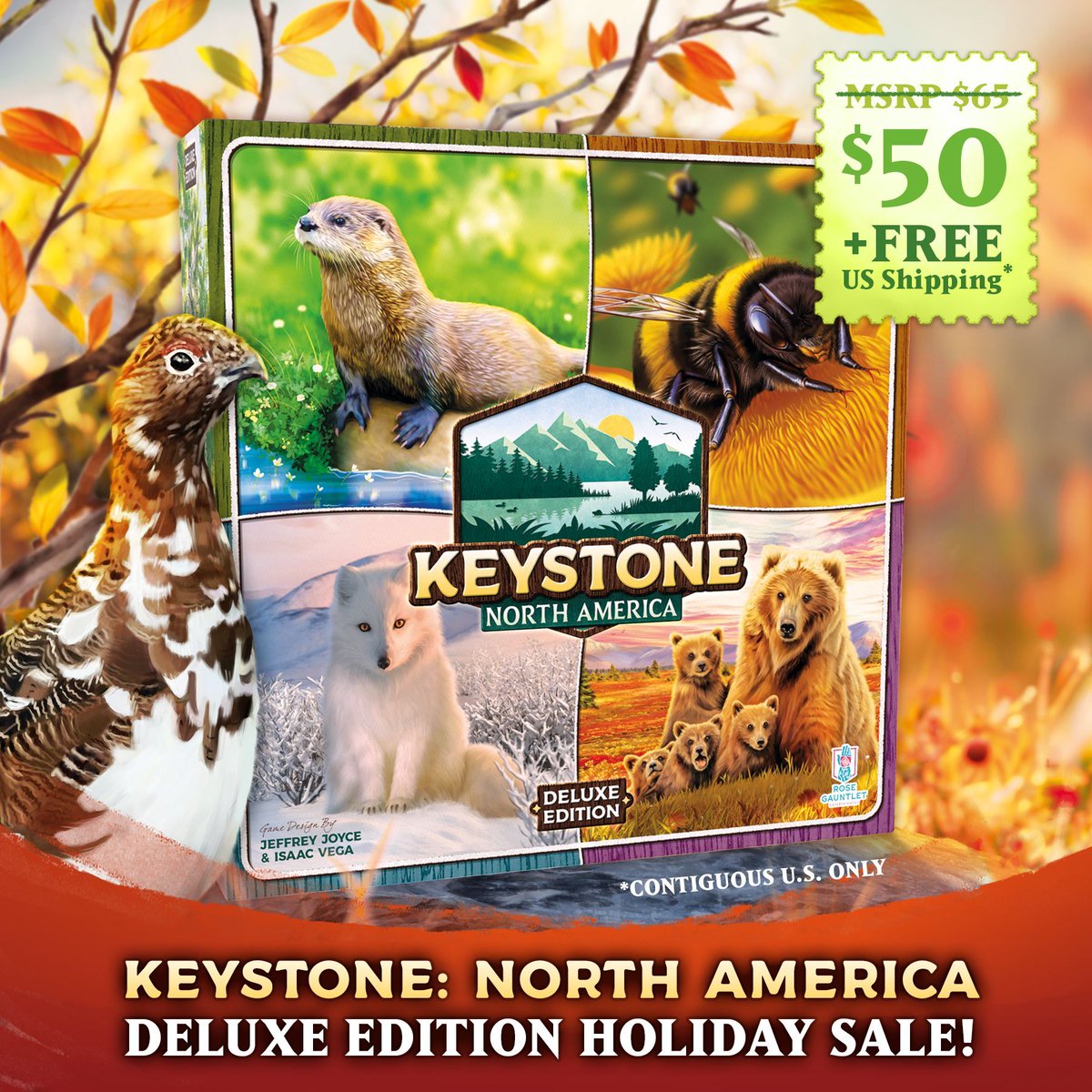 Our #HolidaySale is happening now! Get your copy of #KeystoneNorthAmerica Deluxe Edition at our lowest price of the year + FREE shipping: rosegauntlet.com/collections/all #boardgamesale #naturegames #strategygames #blackfridaysale