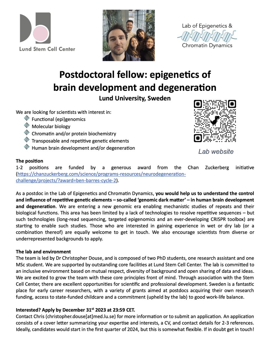 Open position(s) in my group @Lund_Stem to investigate genomic repeats in human brain development and degeneration. There's just so much cool biology to discover here and we now have the tools to get started... Thank you to @cziscience for funding!