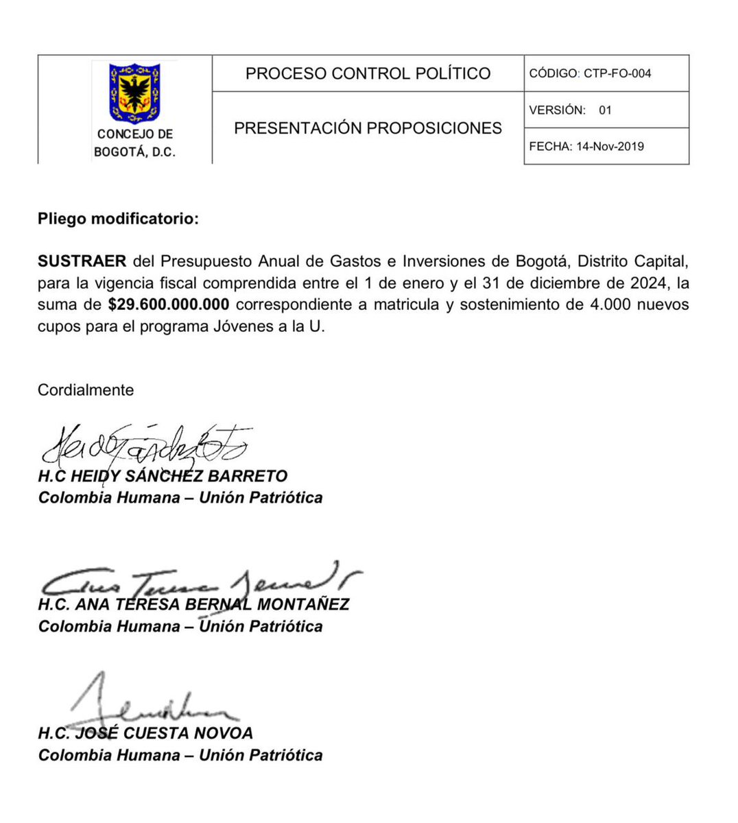 BluRadioCo's tweet photo. #Atención Concejales de Colombia Humana radicaron una proposición para eliminar los recursos que serían destinados al programa ‘Jóvenes a la U’ del presupuesto de Bogotá para 2024. En total son 29.600 millones de pesos que corresponden a matrícula y sostenimiento de 4.000 nuevos cupos para jóvenes. Denuncia el concejal Julián Rodríguez Sastoque.