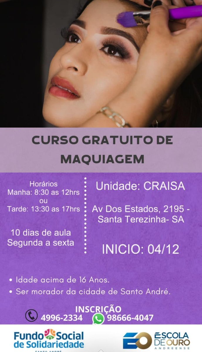 MtamProlmoradia's tweet photo. Curso Gratuito de Maquiagem

#SantoAndreSP https://t.co/LcGCXr3Zcy