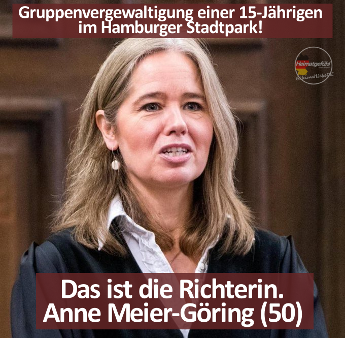 HeimatliebeDE's tweet photo. #Gruppenvergewaltigung einer 15-Jährigen im Hamburger Stadtpark:

Ein Täter wurde zu einer Jugendstrafe von zwei Jahren und neun Monaten ohne Bewährung verurteilt.

Gegen acht Täter wurden verschiedene Jugendstrafen verhängt. (Bewährung sowie Vorbewährung)

Der zehnte wurde freigesprochen!

Das ist die Richterin. 
Lasst es einfach wirken.